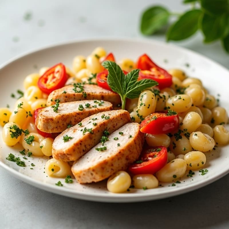 Jerk-Spiced Chicken with Creamy Whole Wheat Pasta and Roasted Bell Peppers
