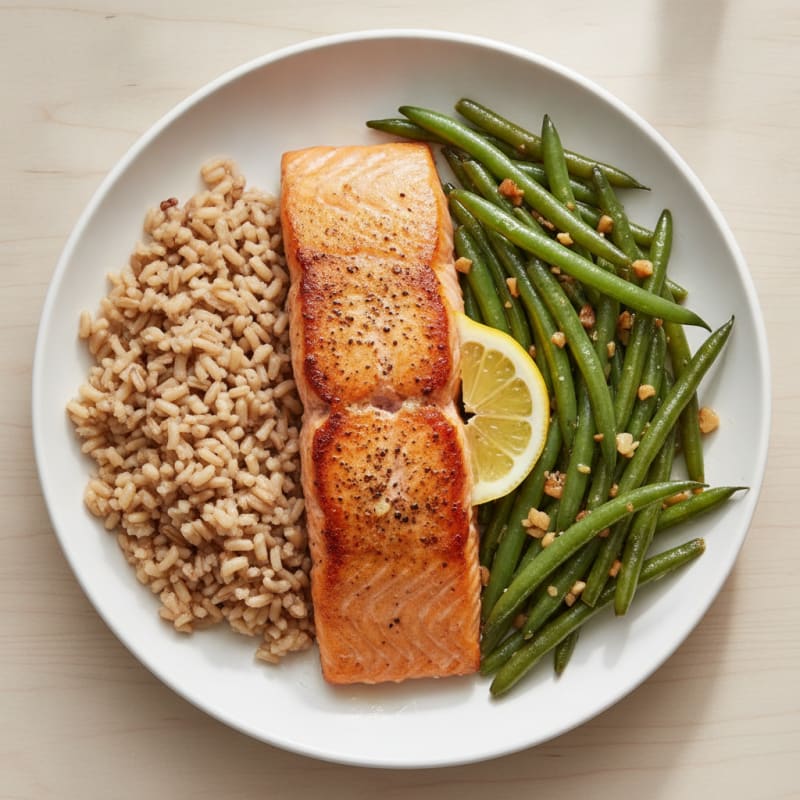Seared Salmon with Garlic Green Beans and Brown Rice