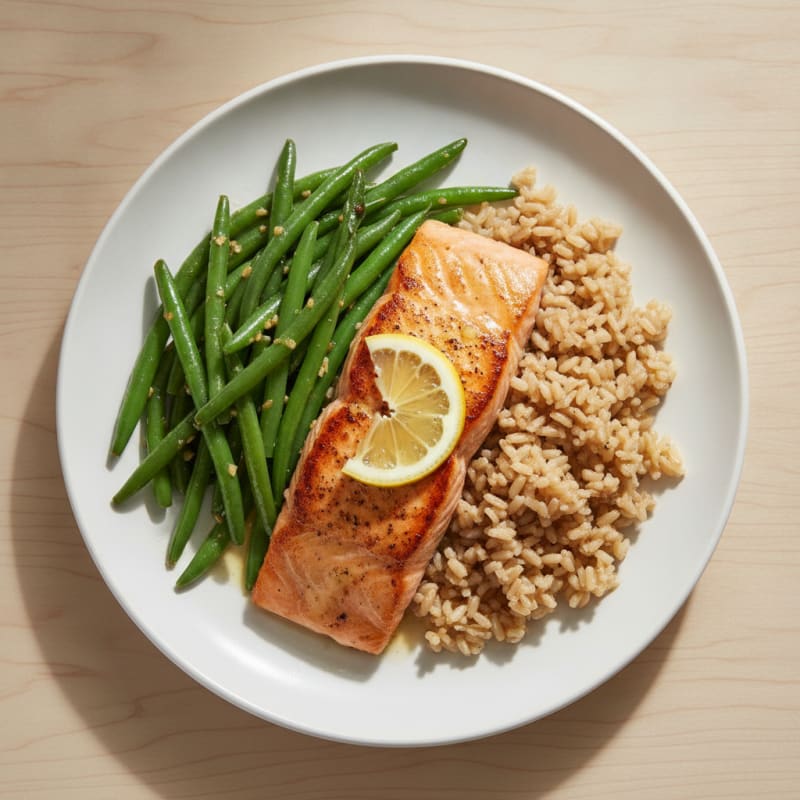 Seared Salmon with Garlic Green Beans and Brown Rice