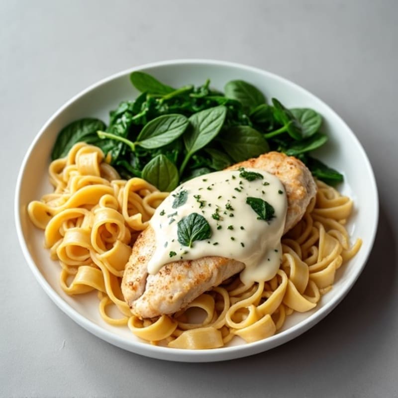 Lighter Creamy Garlic Chicken with Whole Wheat Fettuccine and Wilted Spinach