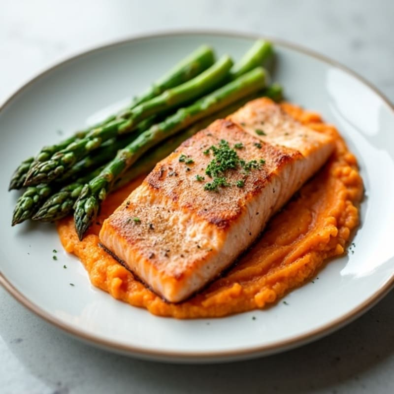 Seared Salmon Fillet with Roasted Asparagus and Sweet Potato Mash