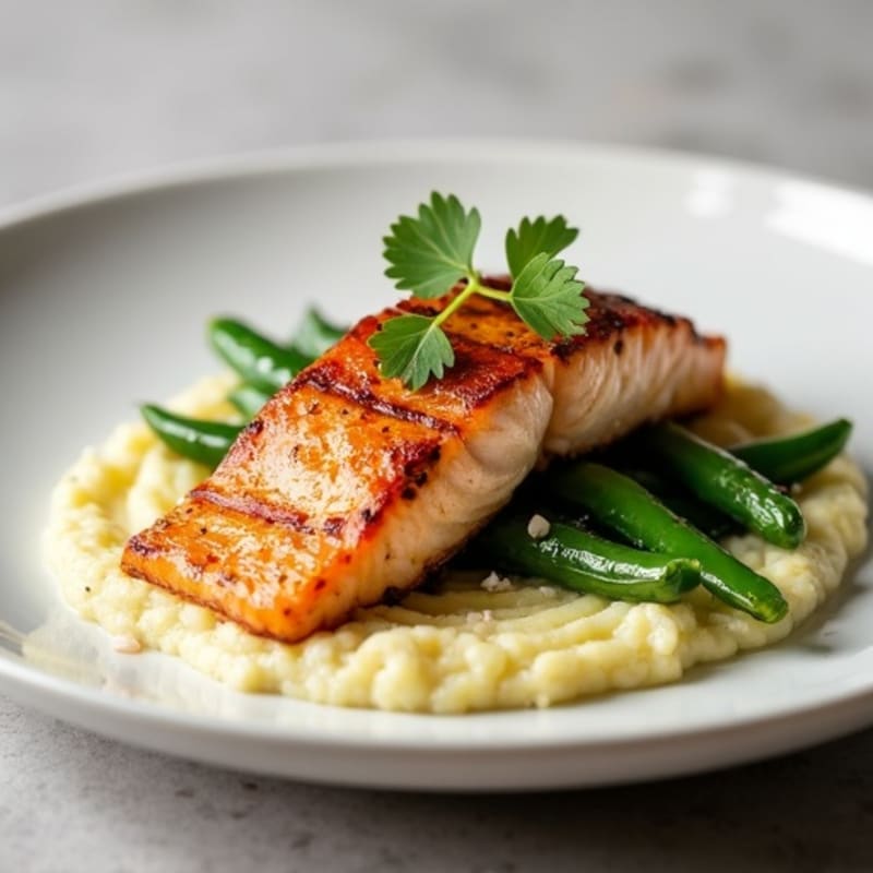 Seared Salmon with Garlic Green Beans and Cauliflower Mash