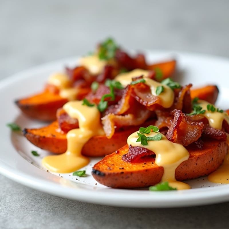 Crispy Roasted Sweet Potato Wedges with Smoky Turkey Bacon and Creamy Cheesy Drizzle