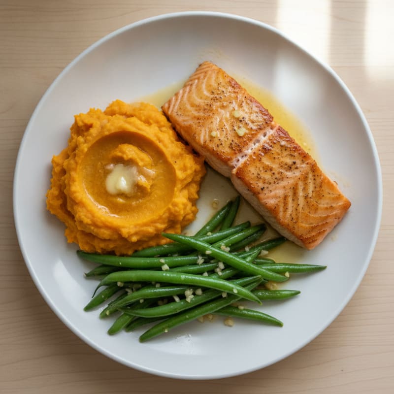 Pan-Seared Salmon with Garlic Green Beans and Sweet Potato Mash