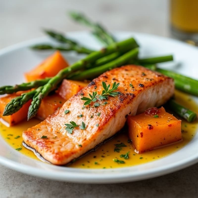 Seared Salmon with Roasted Sweet Potato and Asparagus
