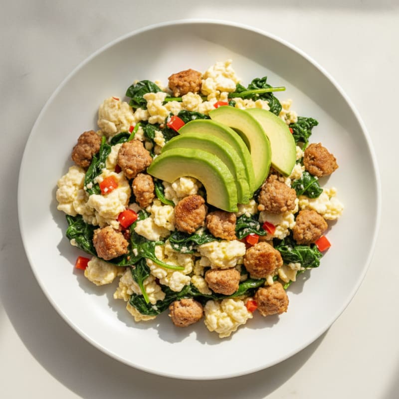Egg White and Turkey Sausage Scramble with Sautéed Spinach
