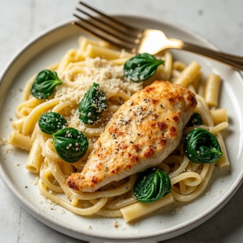 Creamy Garlic Parmesan Chicken Pasta with Wilted Spinach