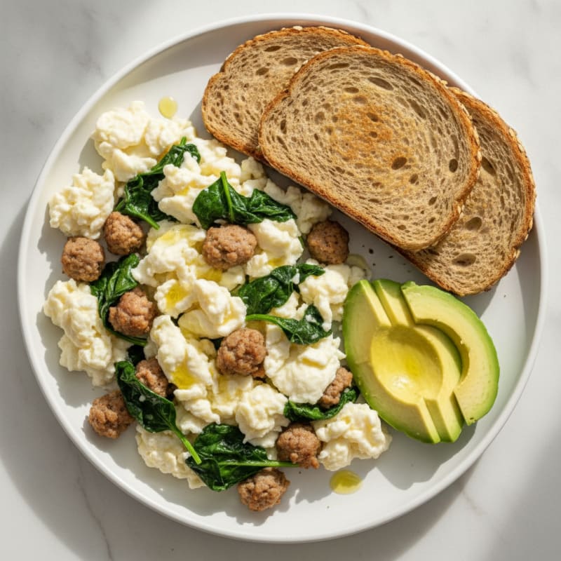 Egg White Spinach Scramble with Turkey Sausage