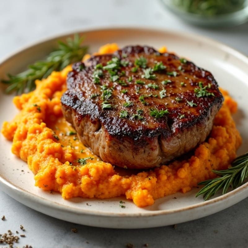 Herb-Crusted Pan Seared Steak with Roasted Garlic Sweet Potato Mash
