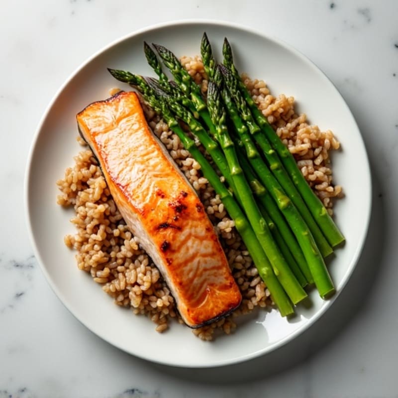 Seared Salmon with Steamed Asparagus and Brown Rice