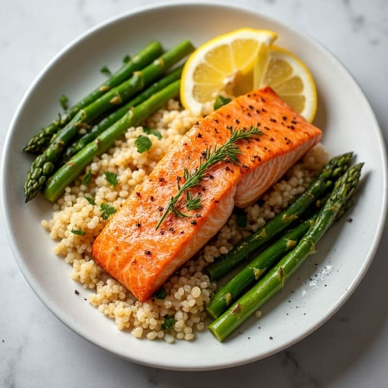 Seared Salmon Fillet with Quinoa and Roasted Asparagus