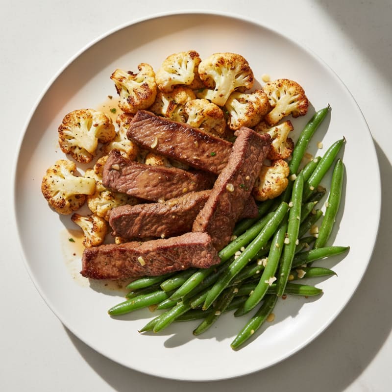 Seared Lean Beef Strips with Roasted Cauliflower and Garlic Green Beans