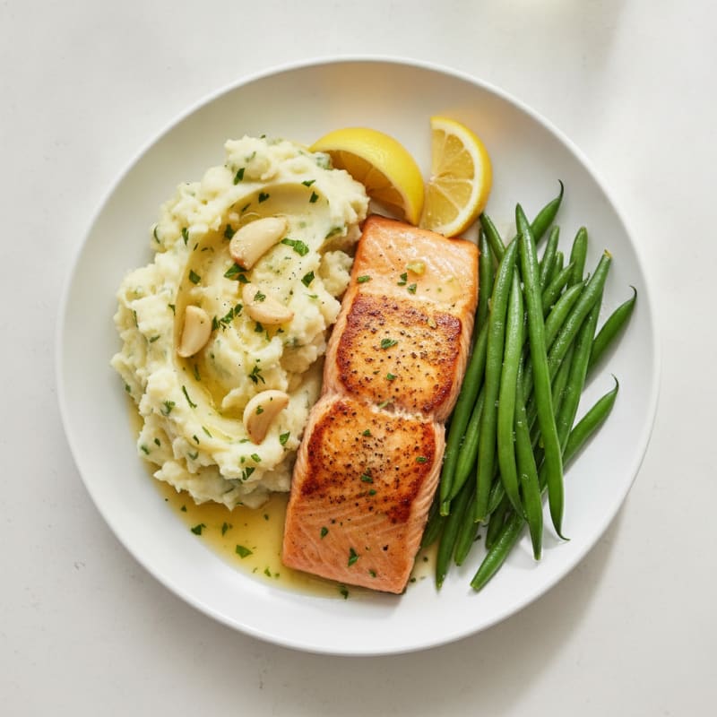Seared Salmon with Steamed Green Beans and Garlic Mashed Potatoes