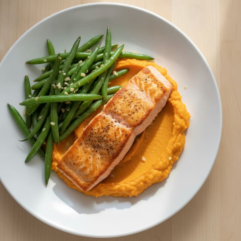 Seared Salmon with Garlic Green Beans and Sweet Potato Mash