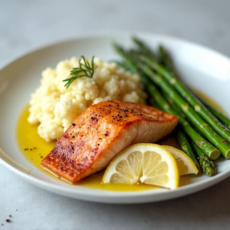 Seared Salmon Fillet with Steamed Asparagus and Cauliflower Mash