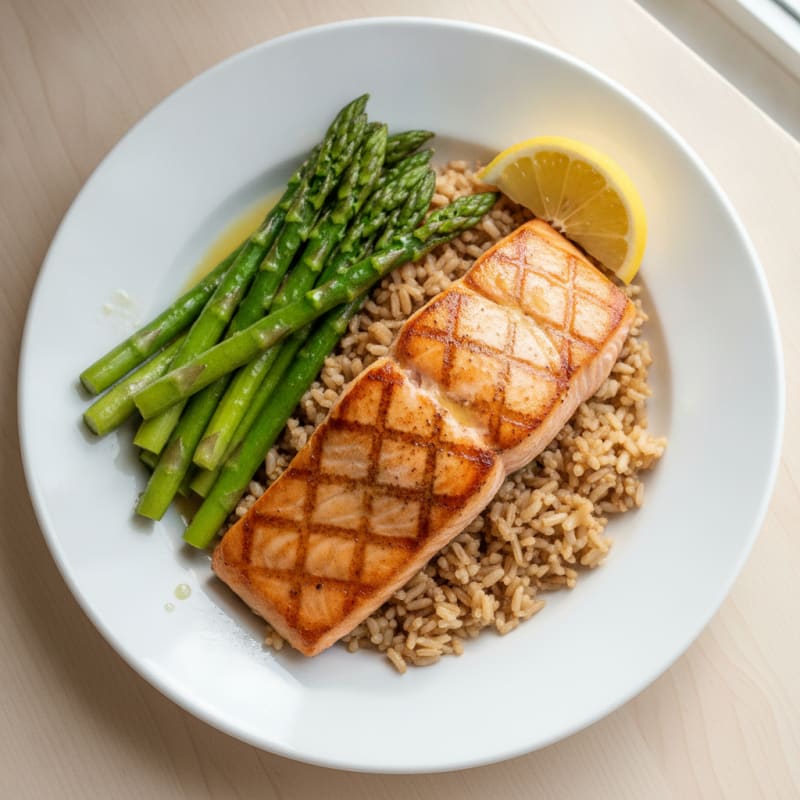 Pan-Seared Salmon with Steamed Asparagus and Brown Rice