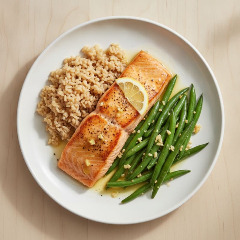 Seared Salmon with Garlic Green Beans and Brown Rice