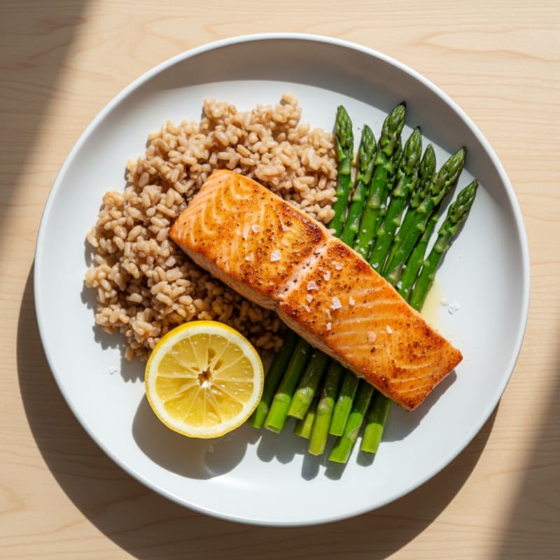 Seared Salmon Fillet with Steamed Asparagus and Brown Rice