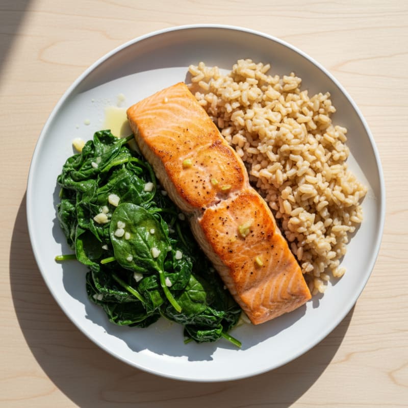 Seared Salmon with Garlic Sautéed Spinach and Brown Rice