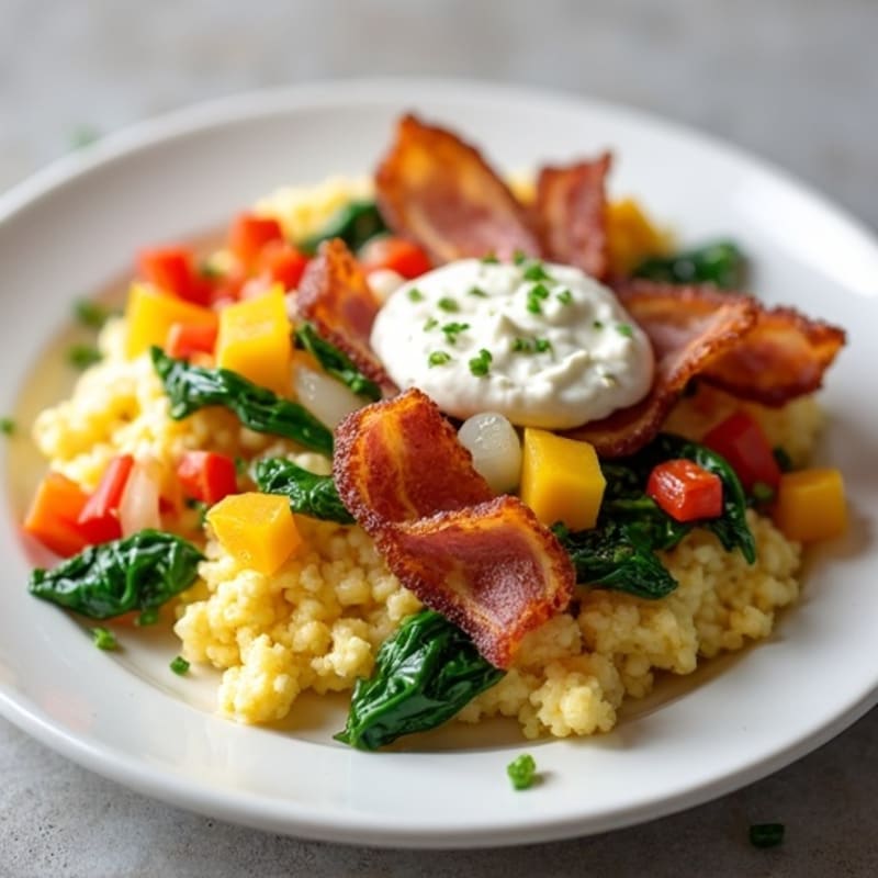 Egg White Veggie Scramble with Cottage Cheese and Turkey Bacon
