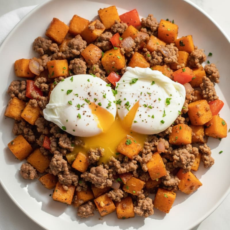 Sweet Potato Ground Beef Hash with Poached Egg