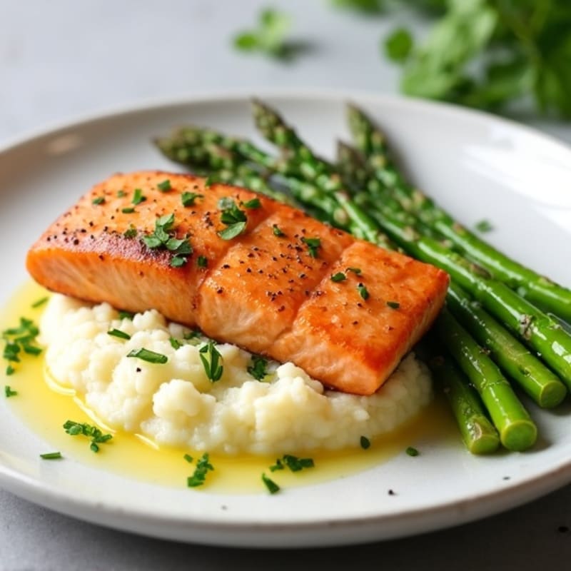 Seared Salmon with Steamed Asparagus and Cauliflower Mash