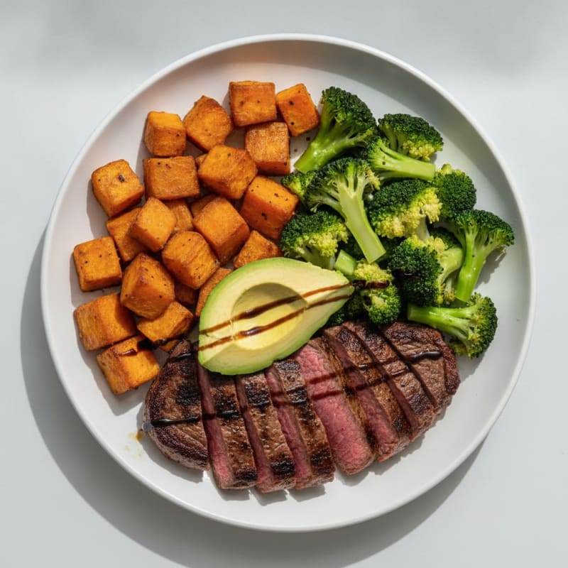 Seared Beef Steak with Roasted Sweet Potatoes and Steamed Broccoli