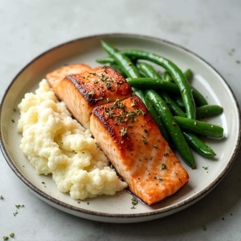Seared Salmon with Garlic Green Beans and Cauliflower Mash