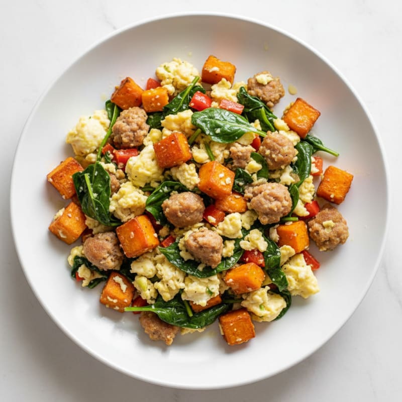 Egg White and Turkey Sausage Scramble with Roasted Sweet Potato