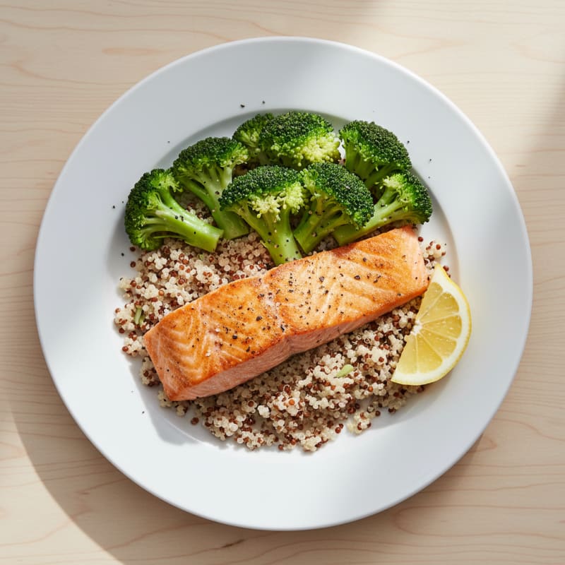 Seared Salmon Fillet with Steamed Broccoli and Quinoa