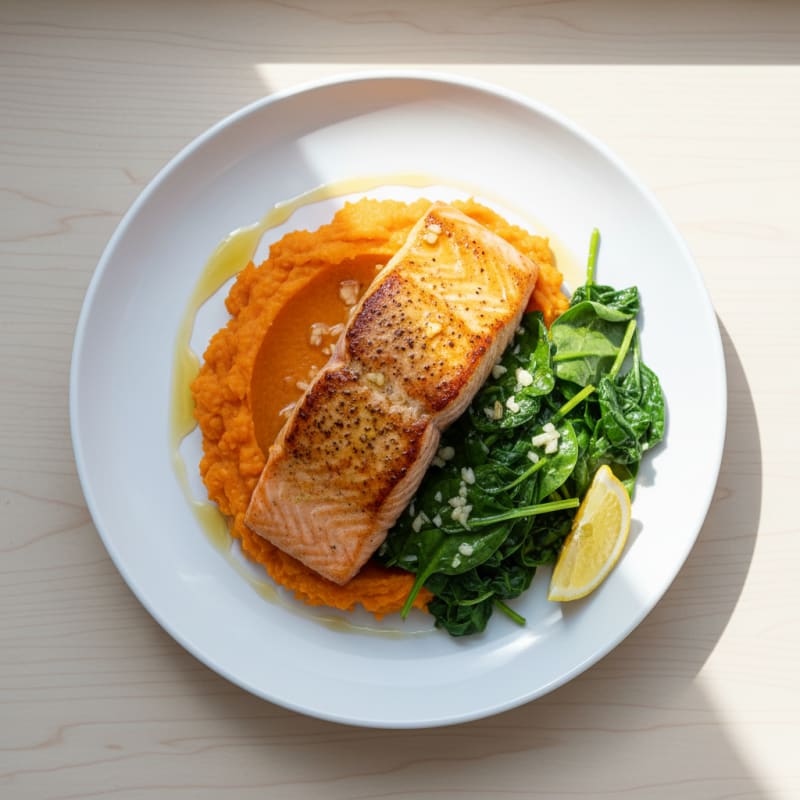 Seared Salmon with Garlic Spinach and Sweet Potato Mash