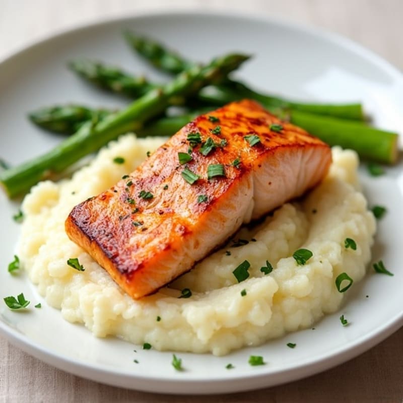 Seared Salmon with Steamed Asparagus and Cauliflower Mash