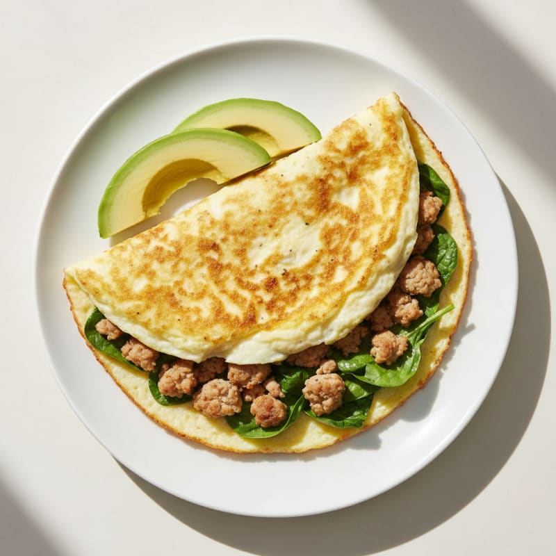 Crispy Egg White Omelet with Turkey Sausage and Sautéed Spinach
