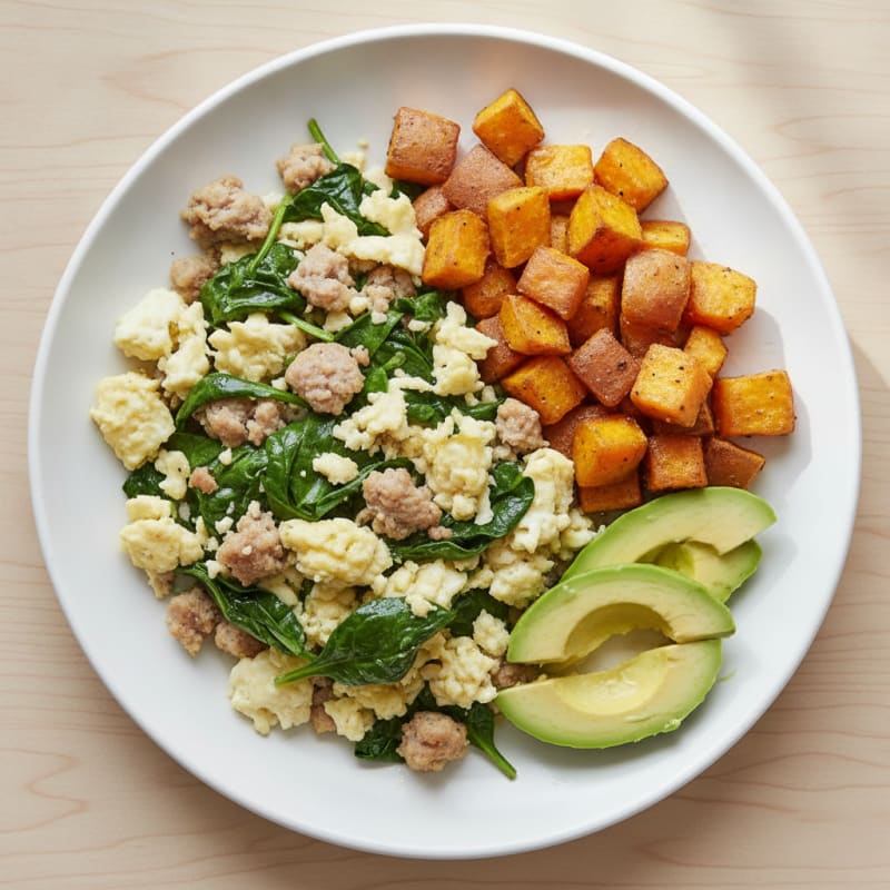 Egg White Scramble with Turkey Sausage and Spinach