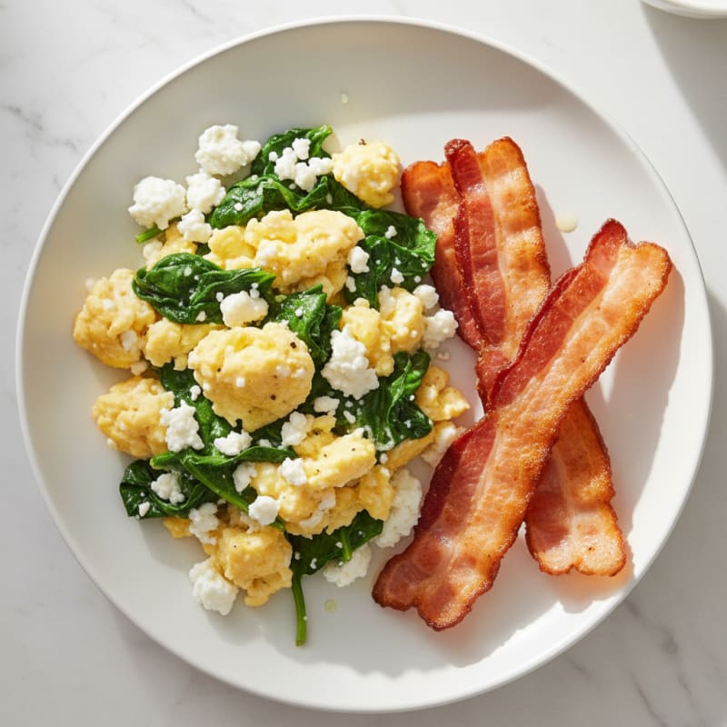 Cottage Cheese Egg Scramble with Sautéed Spinach and Turkey Bacon