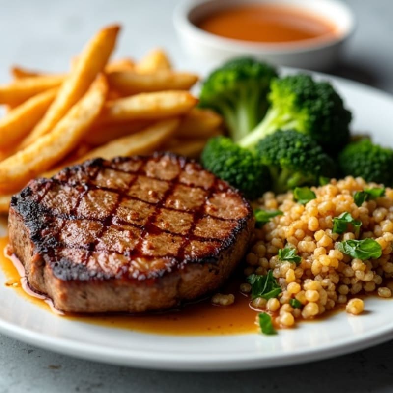 Seared Sirloin Steak with Roasted Broccoli, Quinoa, and Baked French Fries with Fry Sauce