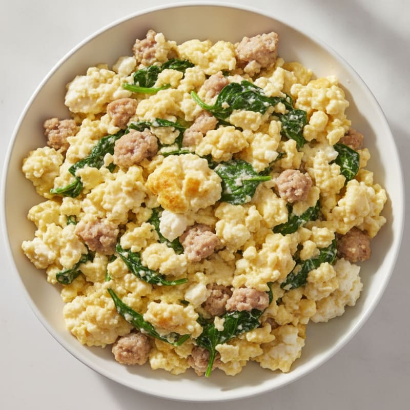 Cottage Cheese Egg Scramble with Spinach and Turkey Sausage