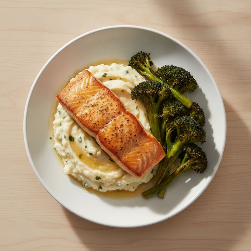 Seared Salmon with Roasted Broccoli and Garlic Mash