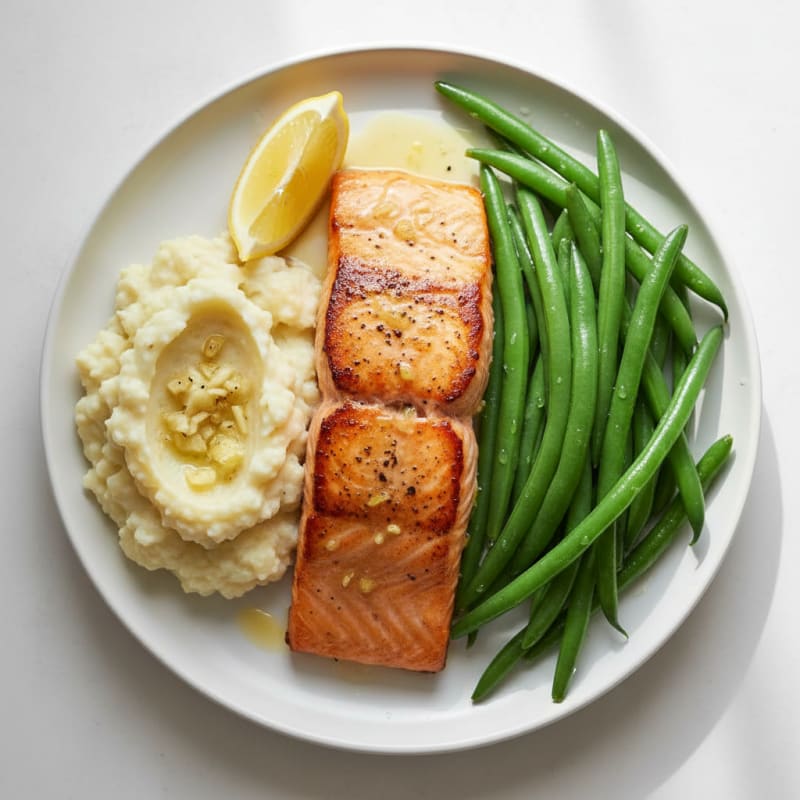 Seared Salmon with Steamed Green Beans and Garlic Mashed Cauliflower