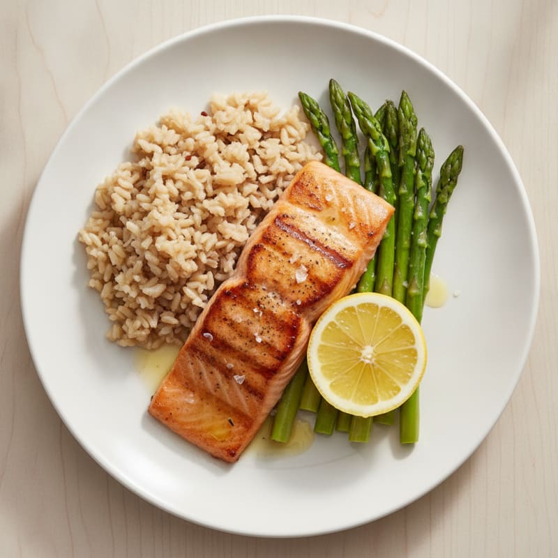 Seared Salmon with Steamed Asparagus and Brown Rice