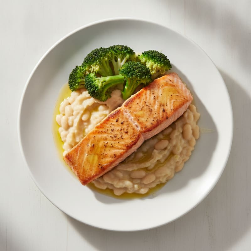 Seared Salmon Fillet with Garlic Mashed White Beans and Steamed Broccoli