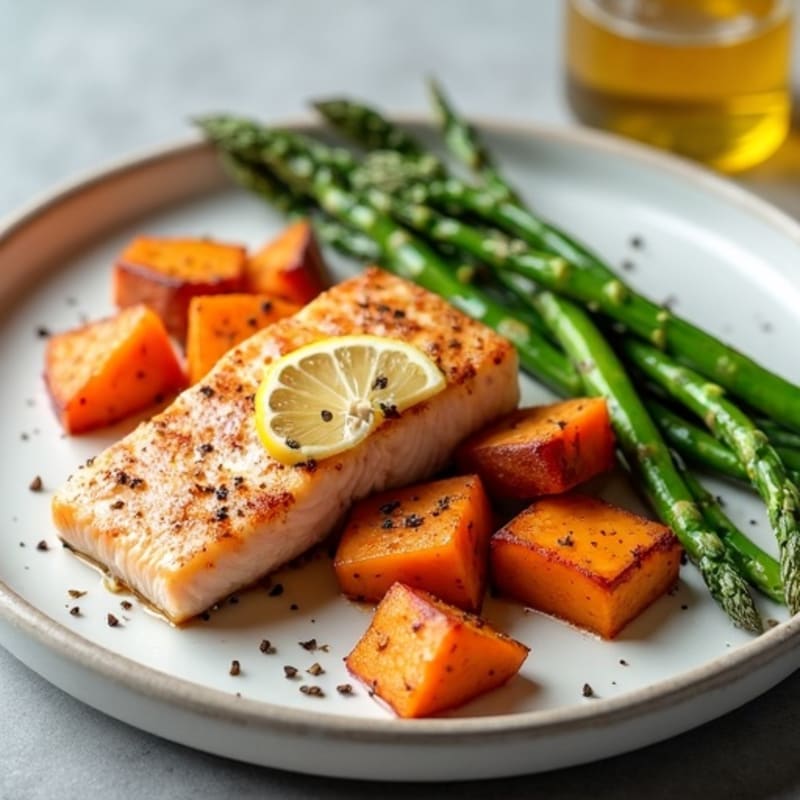 Seared Salmon with Roasted Sweet Potatoes and Asparagus
