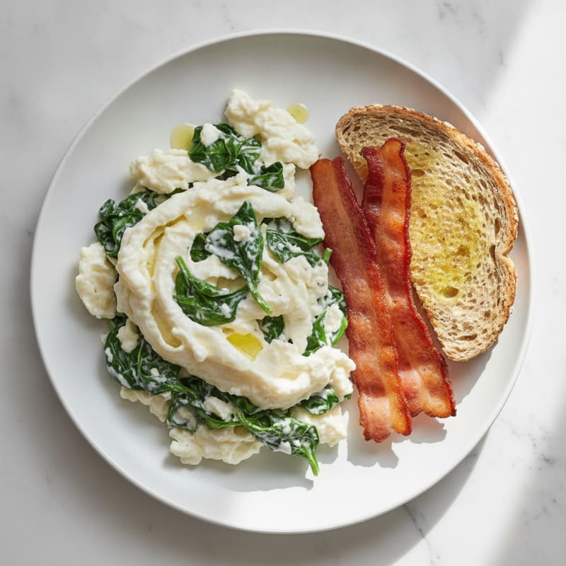 Egg White and Greek Yogurt Scramble with Spinach and Turkey Bacon