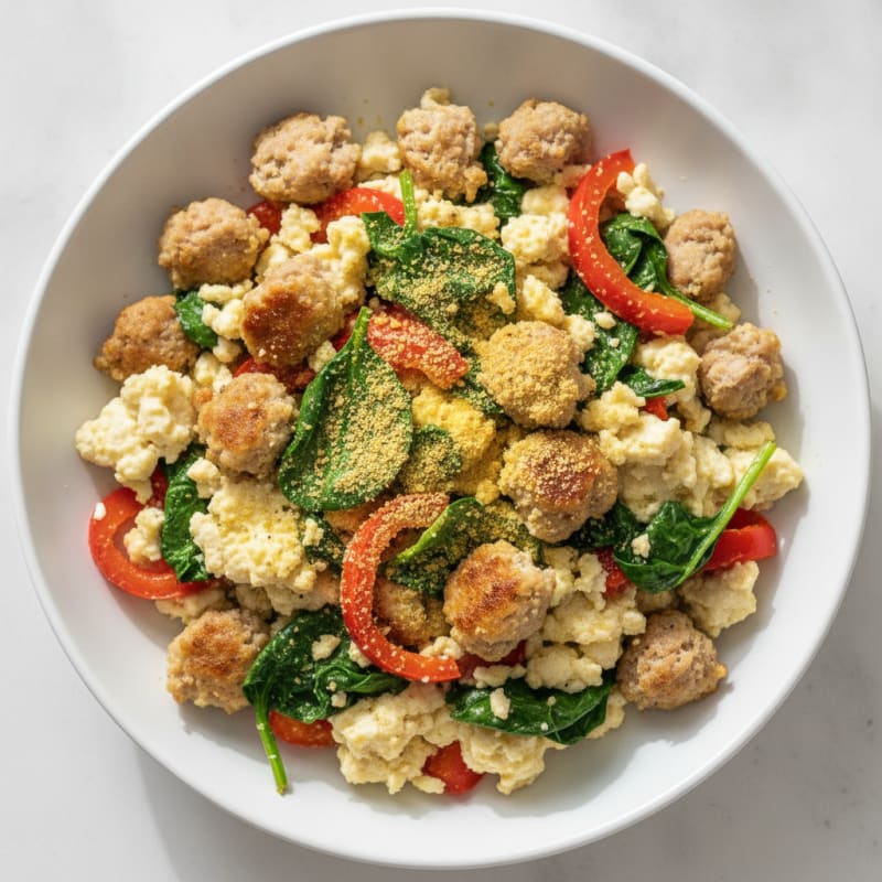 Egg White and Chicken Sausage Scramble with Spinach
