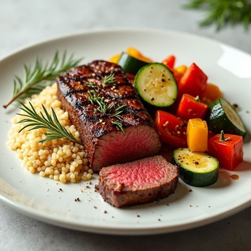 Seared Sirloin Steak with Herb-Roasted Vegetables and Quinoa