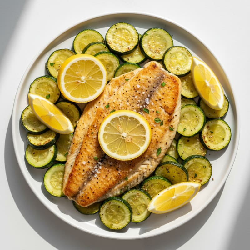Seared Tilapia Fillet with Roasted Zucchini and Lemon