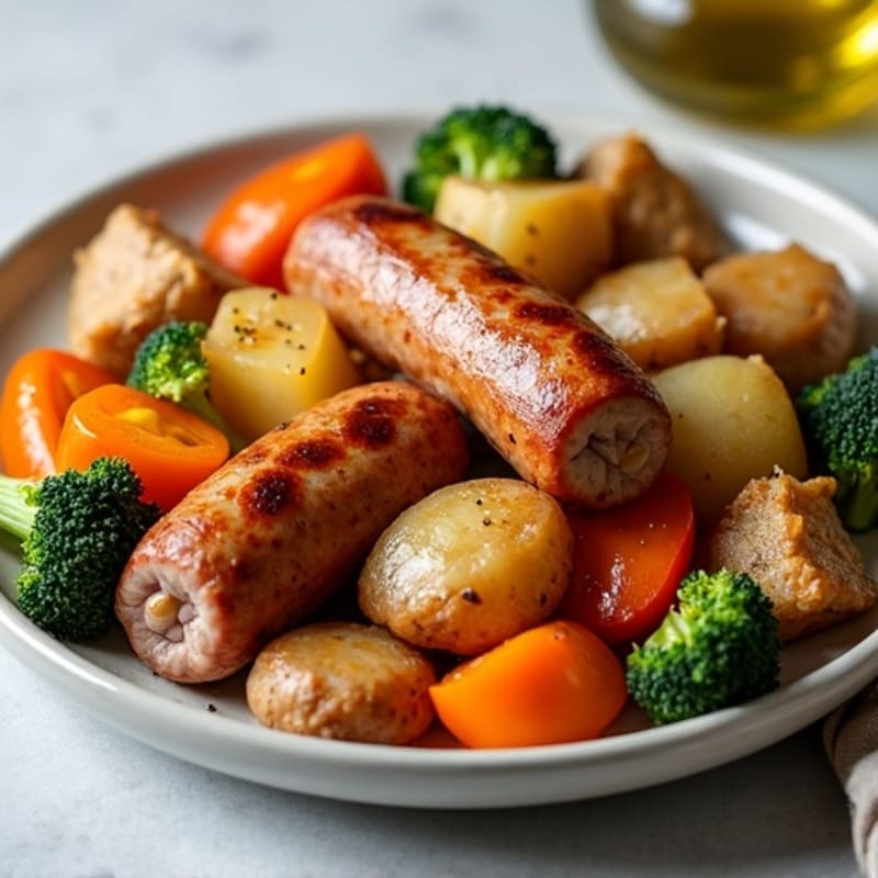 Roasted Sausage and Crispy Potato Bake with Mixed Vegetables