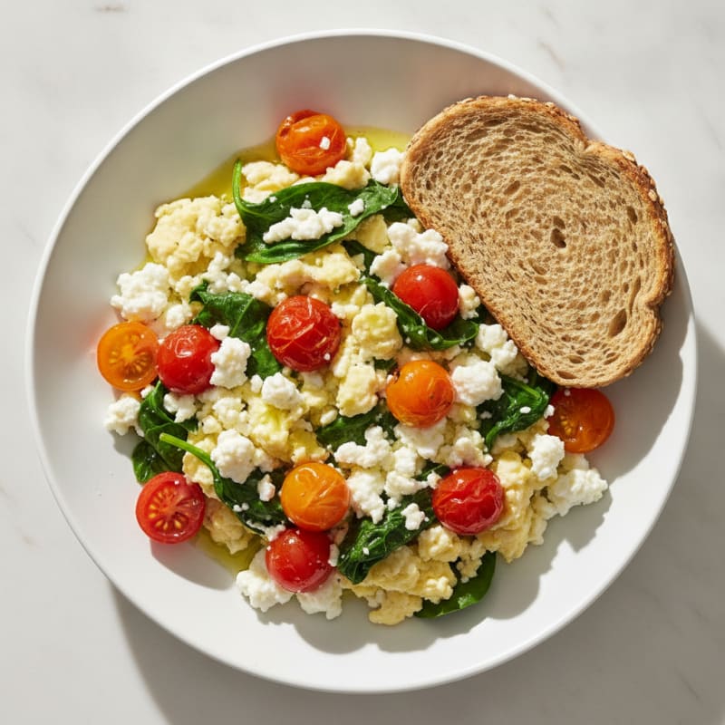 Cottage Cheese Egg Scramble with Spinach and Cherry Tomatoes
