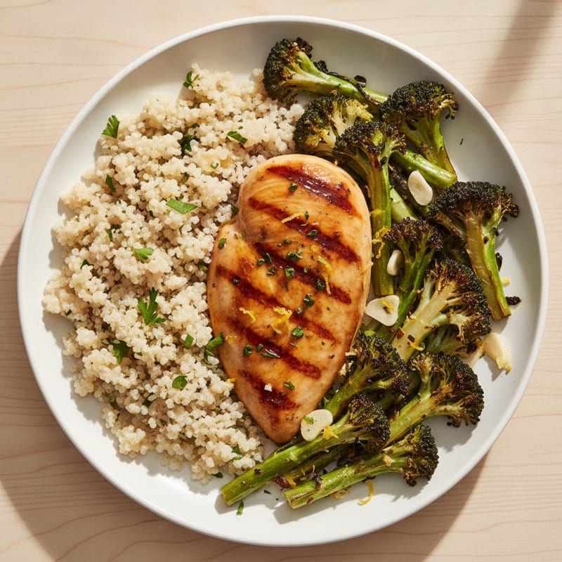 Grilled Lemon-Garlic Chicken Breast with Roasted Broccoli and Quinoa