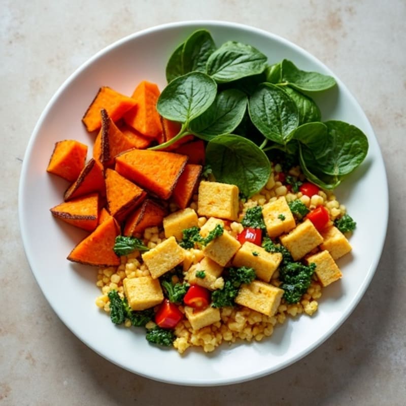 Savory Tofu Scramble with Fresh Spinach and Roasted Sweet Potatoes